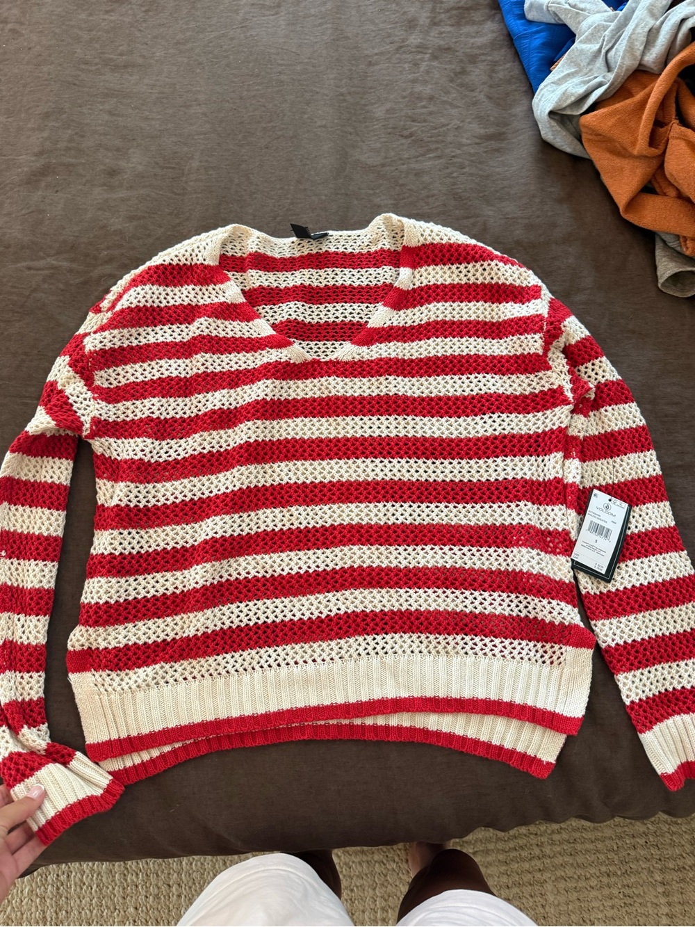 Volcom Red & Cream Striped V-Neck Open Knit Sweater